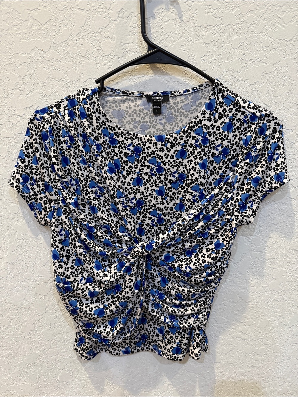 Express Blue & White Floral Twist-Front Short Sleeve Top
